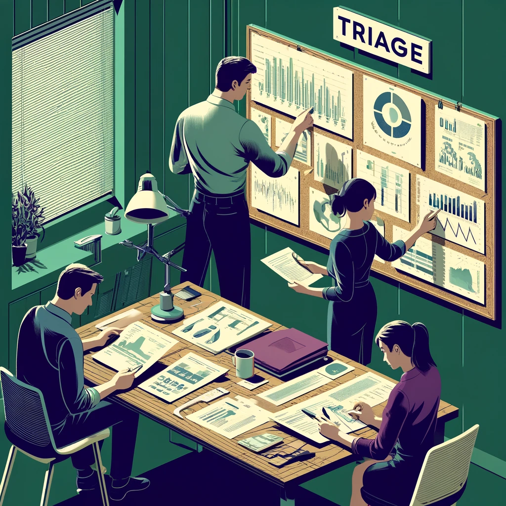 DALL·E 2024-04-24 20.02.57 - A team of three people working together in a less high-tech office setting to organize financial data into a clear format. The scene includes a tradit