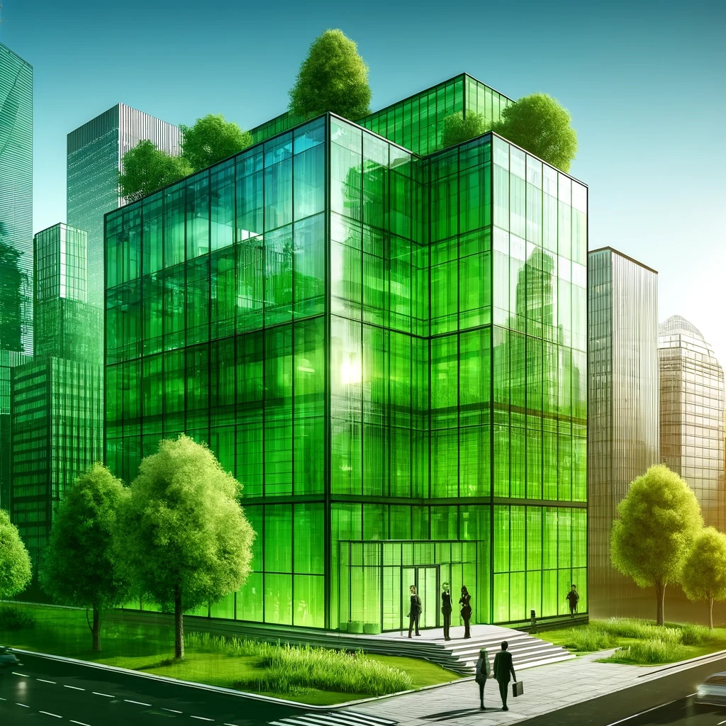 DALL·E 2024-04-28 13.04.12 - An abstract representation of a professional business management company with an increased emphasis on the color green (#33a353ff). The modern office