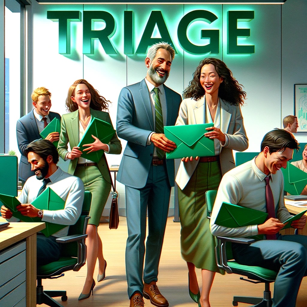 DALL·E 2024-04-28 20.25.41 - A lively office scene featuring a group of happy employees, depicted in a realistic style, subtly receiving green envelopes from an enthusiastic boss