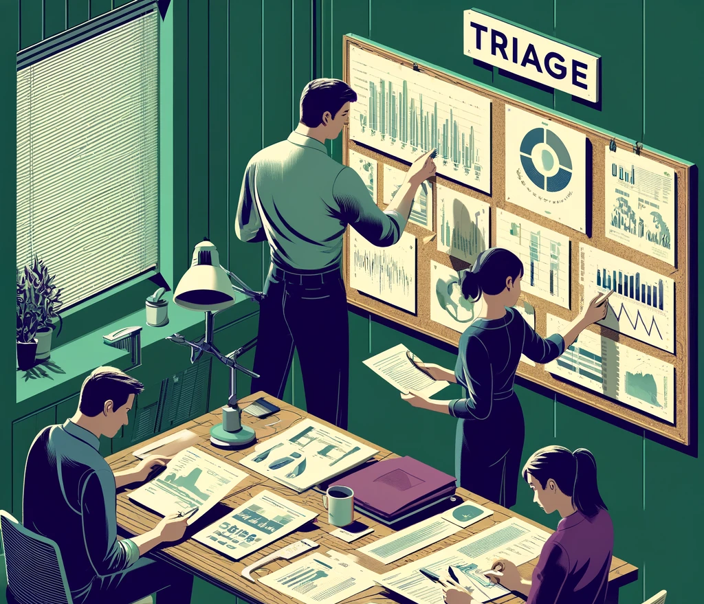 DALL·E-2024-04-24-20.02.57-A-team-of-three-people-working-together-in-a-less-high-tech-office-setting-to-organize-financial-data-into-a-clear-format.-The-scene-includes-a-tradit