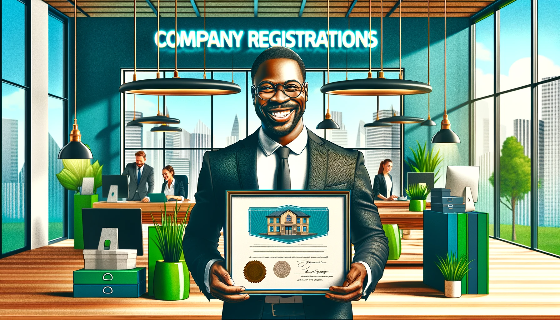 DALL·E 2024-06-06 20.35.38 - A vibrant and cheerful office scene depicting the process of company registration. The focus is on a proud business owner, a middle-aged Black man wit