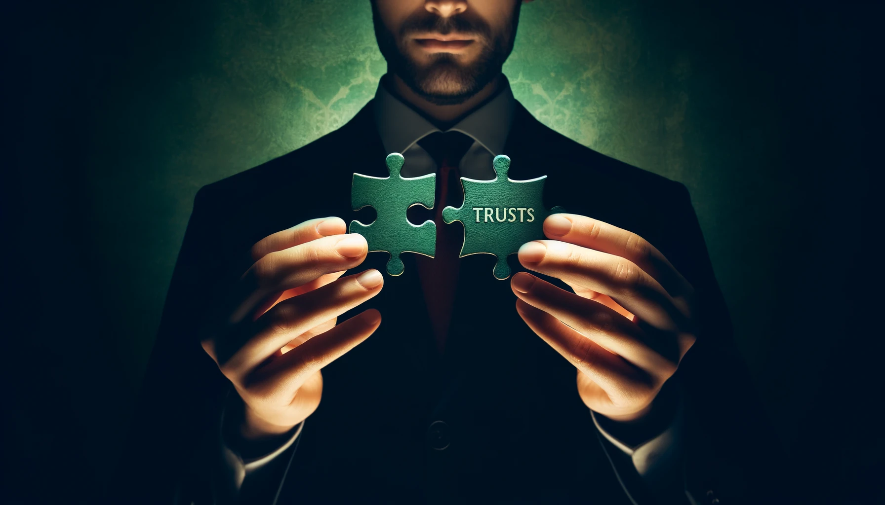 DALL·E 2024-06-06 20.47.44 - A professional image showing a businessman in a dark suit, connecting two puzzle pieces with the word 'TRUSTS' engraved on them. The background is a r